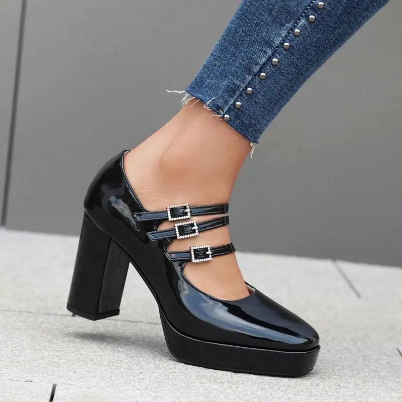 SIMLOVEYO Trendy Ladies Footwear Square Toe Tall Chunk Heel 9 cm Elevated Sole 2 cm Fastener Bands Ladies Large Sizes 43