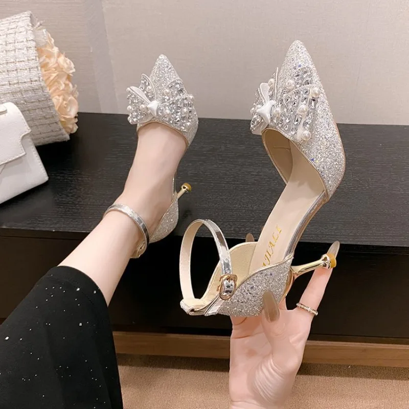Womens Glitter Rhinestone Bow Ankle Strap Pumps Thin High Heels Wedding Bridal Sandals Party Crystal Sparkly Evening Dress Shoes view 2