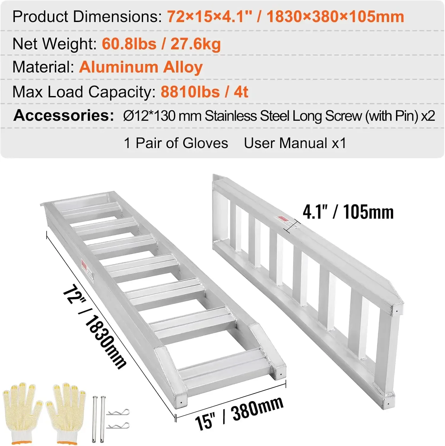 Aluminum Ramps, 8810 lbs, Heavy-Duty Ramps with Top Hook Attaching End, Universal Loading Ramp for Motorcycle, Tractor