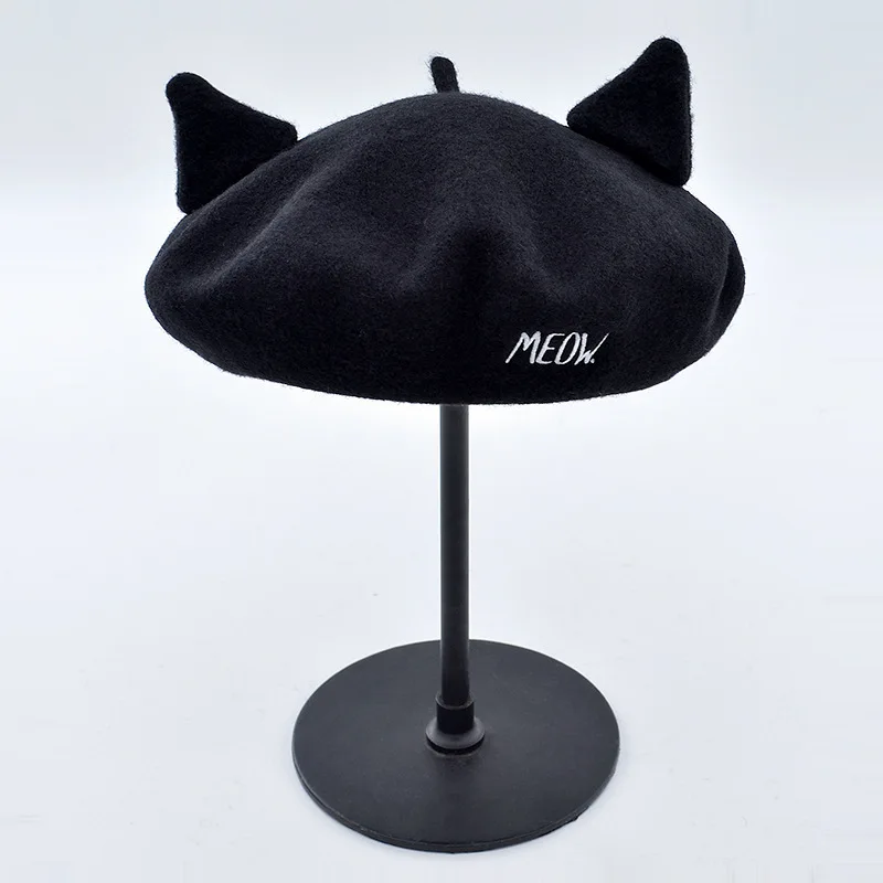 Black Wool Beret Female Winter Hats For Women Girls With Ears Pure Woolen Boina Feminina Flat Cap England Beret Bone Gorro