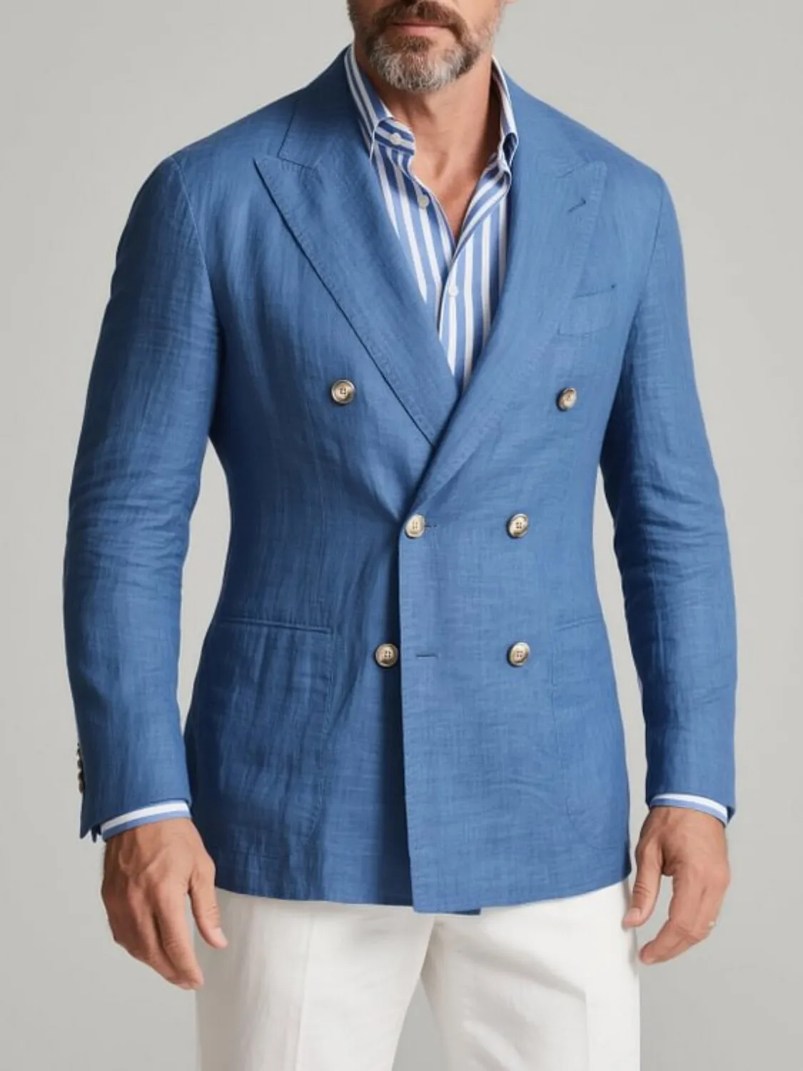 

High Quality Linen Men's Suits Double Breasted Bespoke Double Breasted Peaked Lapel Formal Blazer Slim Fit Light Jacket