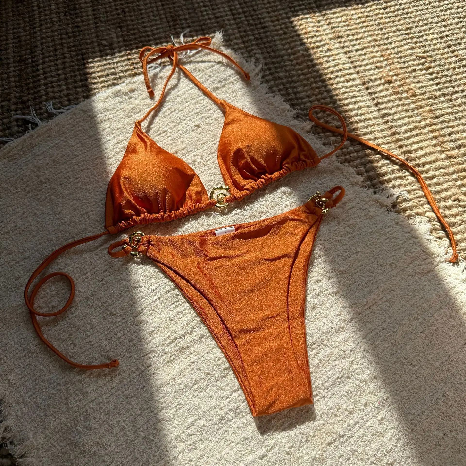 

Women Metal Loop Lace-Up Halter Split Swimsuit Bikini