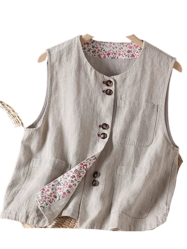 Gilet di lino retrò da donna Estate 2025 Strati larghi Sensazione di fascia alta Capispalla Personali Bottone superiore rotondo Ne Bottone singolo