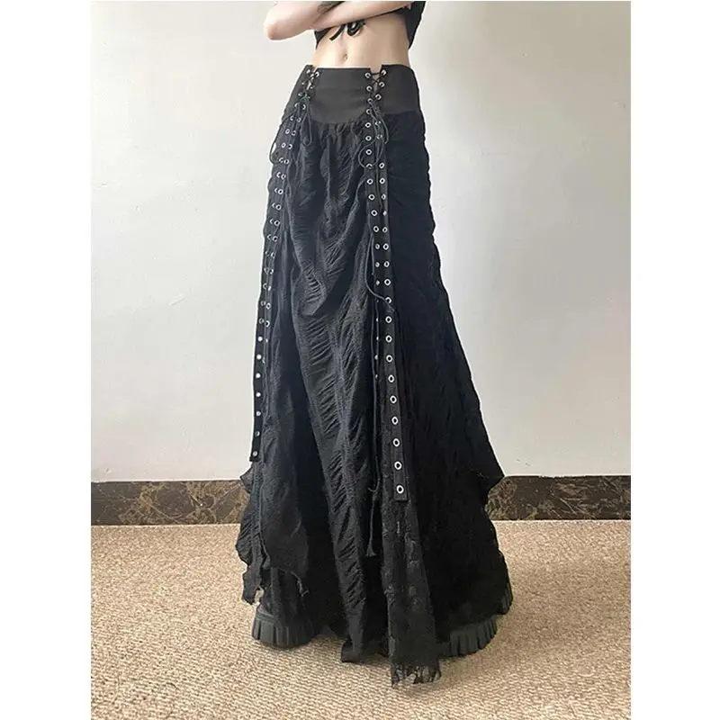 People's Korean Style Idle Lace Mesh Patchwork Long Skirt Autumn and Winter New Temperament High Waist up