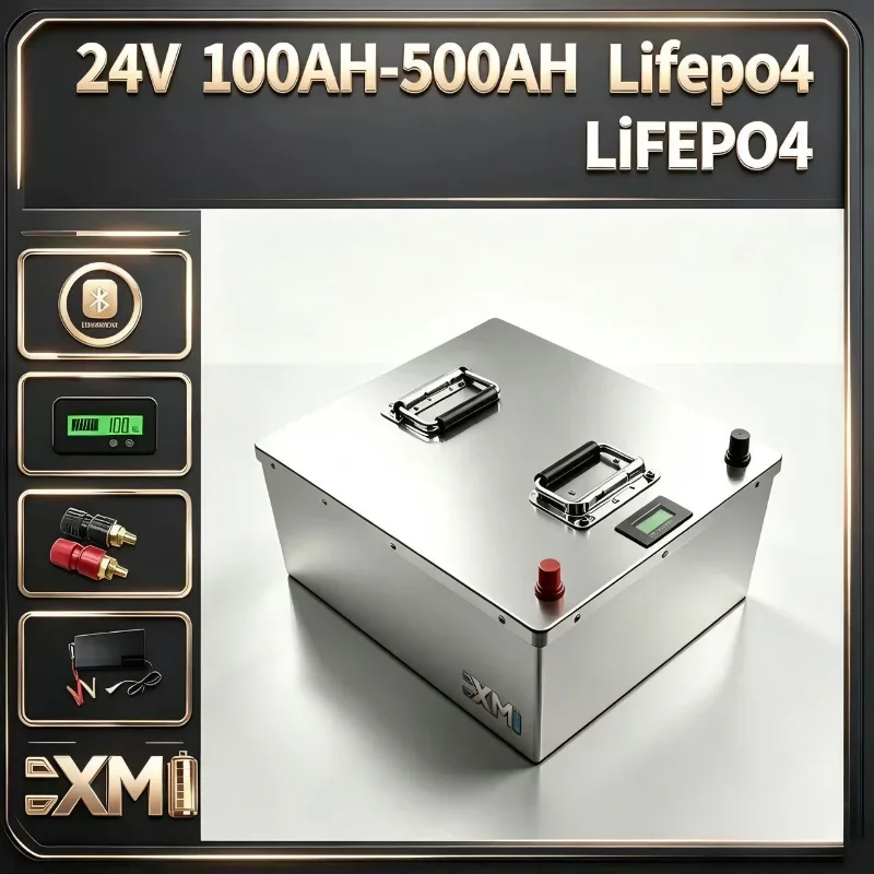 24V Deep Cycle LiFePO4 Battery Pack 100Ah to 500Ah Rechargeable Storage Battery With Built-in Bluetooth BMS Customizable