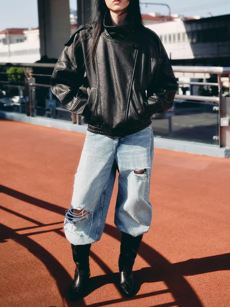 

European style new women's fashion versatile temperament loose imitation leather long sleeve stand collar jacket