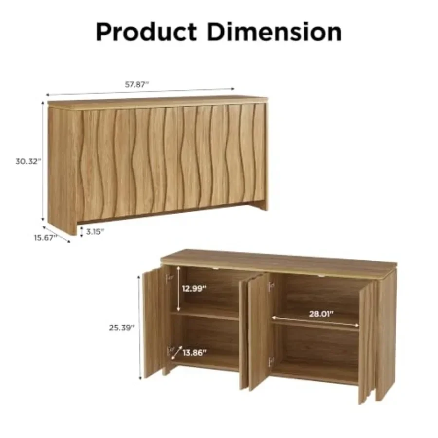 Fluted Buffet Cabinet with Storage for Kitchen, Coffee, Wine Bar Use Wood, Natural Beige Elegant Texture and Ample Organized Sp