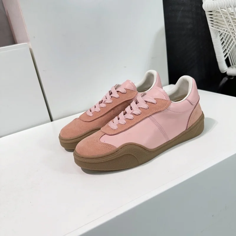 New thick soled training shoes, women's genuine leather retro color block shoes, casual walking sports shoes