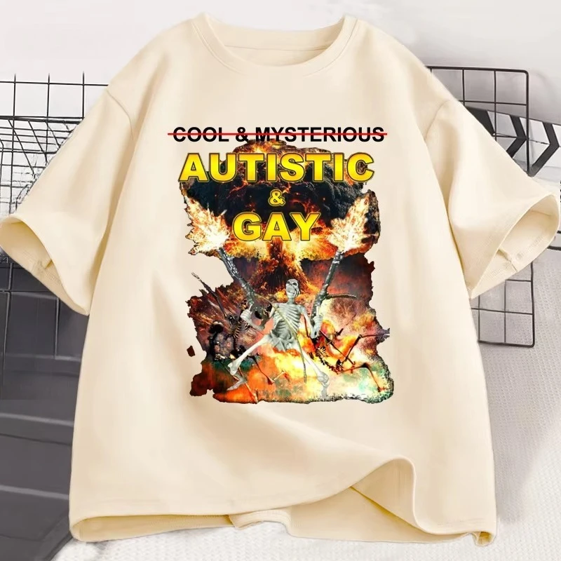 Autistic and Gay Skeleton Explosion T-Shirt Unhinged Graphic T Shirts Cursed Skeleton Autism Meme Tshirt Men Women Tees Clothes