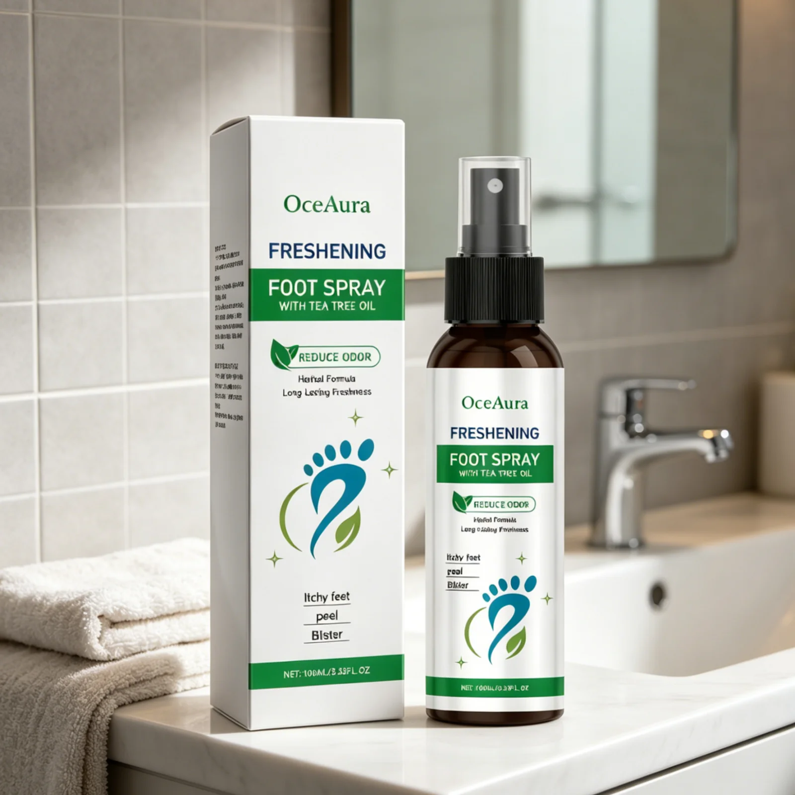 OceAura Foot Freshener Spray Odor Eliminator Itch Relief Soothing Skin Refreshing Gentle Formula Care Foot Deodorant Spray 100ml