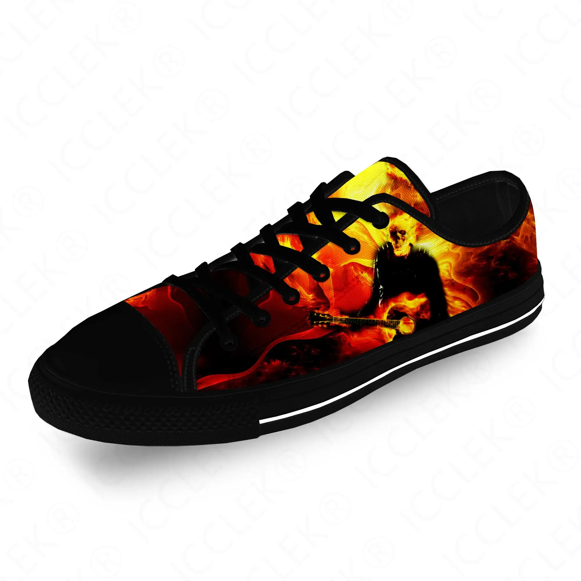 Skull Guitar Flame Metal Rock Cool Casual Cloth Fashion 3D Print Low Top Canvas Shoes Men Women Lightweight Breathable Sneakers