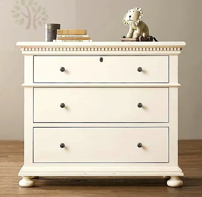 American ivory white solid wood 3 chest drawers storage European style old and simple