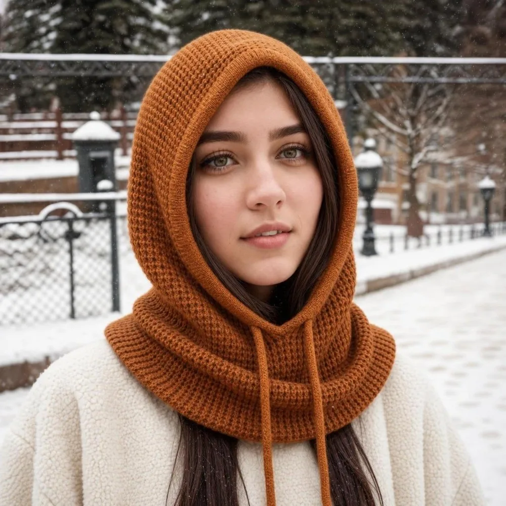 One-Piece Design Knitted Balaclava Hat Thick Knit Drawstring Closure Hooded Beanie Fashion Collar Dual-Purpose Ski Snow Hat