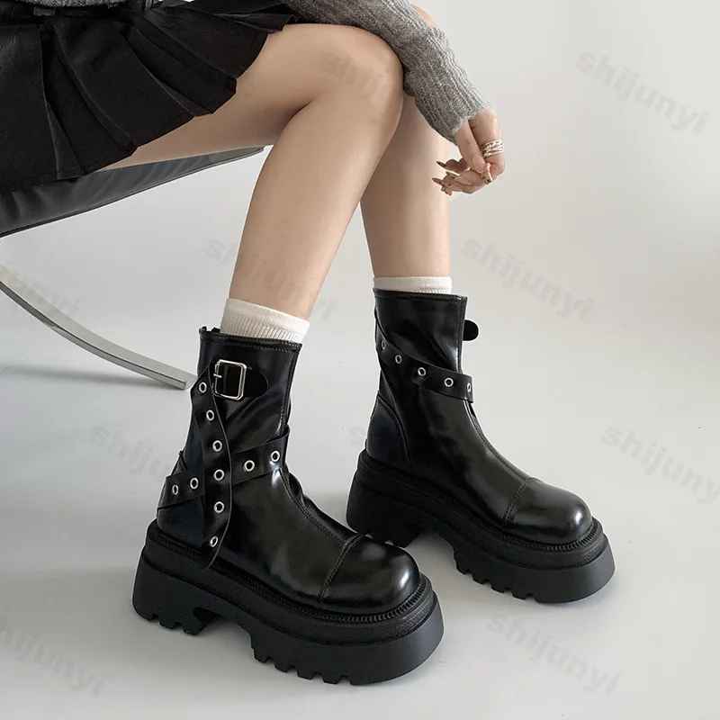 

Fad Ankle Boots for Women Round Toe Belt Buckle Mid Calf Platform Boot Retro British Wedges High Top Shoes for Women Botas Mujer