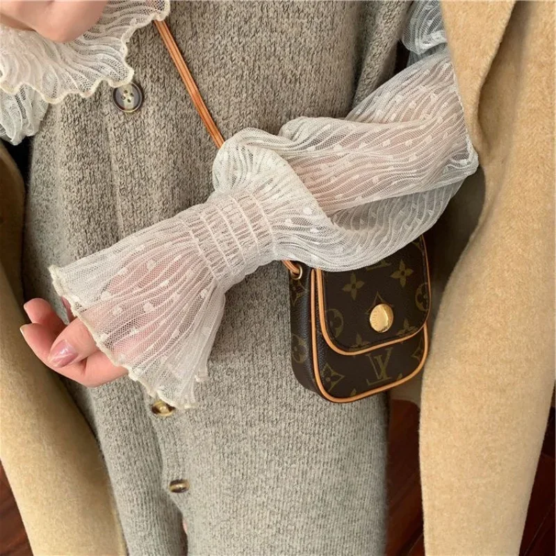 Bella Philosophy 여성 하이 칼라 메쉬 원근법 블라우스 여름 얇은 슬림 바닥 레이스를 통해 볼 긴 플레어 슬리브 탑