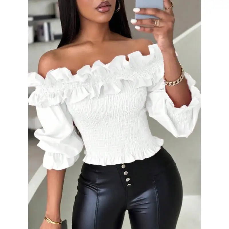 

oulder Bared Pure Color ort Sve Женский irt с кружевным дизайном Cross Border Sle Faionable Ladies Premium irt