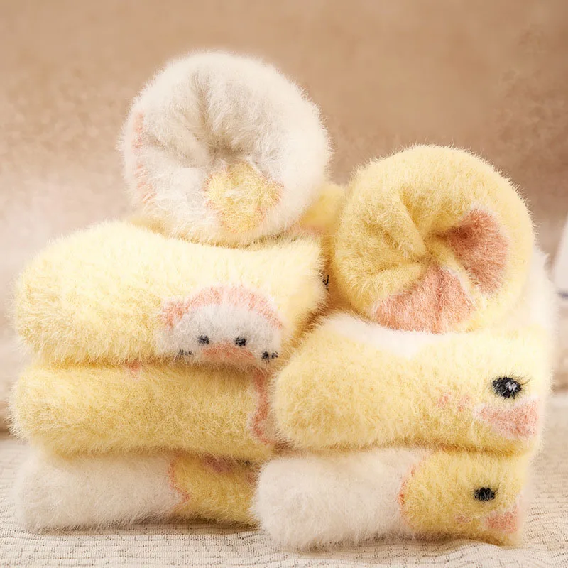 Women's Socks Middle Tube Autumn Winter Warm Cute Kawaii Duck Socks Fluffy Mink Velvet Home Floor Coral Velvet Sleeping Socks