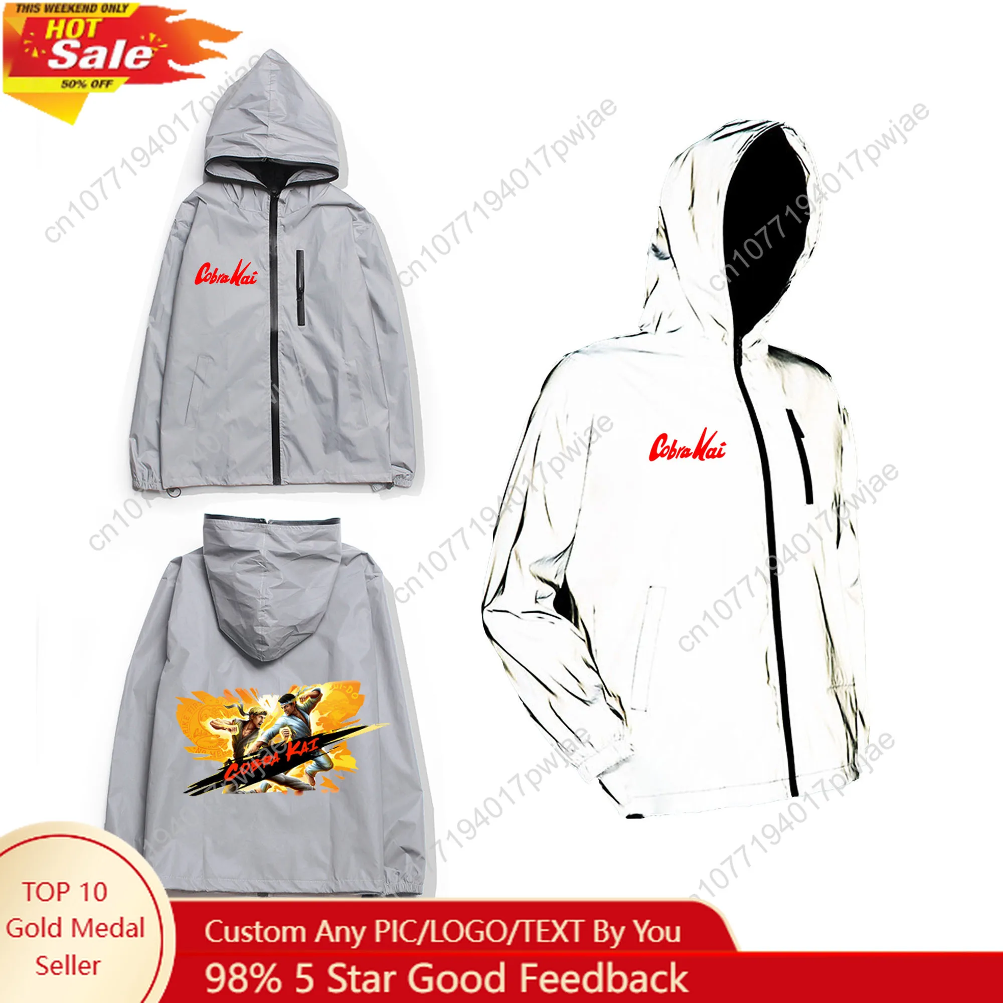 

Светоотражающая куртка Cobra Kai, мужское и женское пальто, ветровка с капюшоном, куртки с карманами для бега, походная толстовка на молнии по индивидуальному заказу