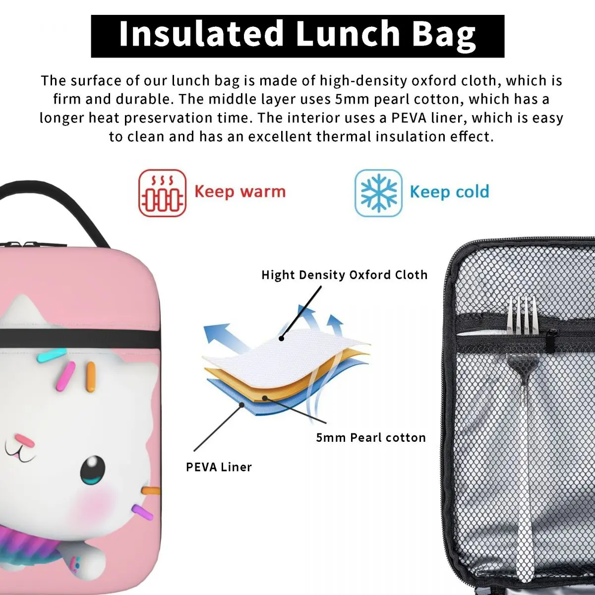 Gabbys Dollhouse Cakey Insulated Lunch Bag Thermal Bag Reusable Meal Container Cute Portable Tote Lunch Box for Men Women Work