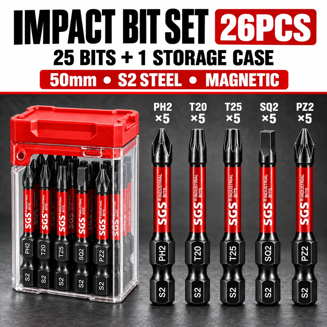 High-Strength 25-Piece Set of 50mm S2 Alloy Steel Magnetic Impact Screwdriver Bits Ph2/Pz2/T20/T25/Sq2, 6.35mm Hex Shank, Weighted Storage Box, Suitable for Electric Drills, Electric Screwdrivers, and Furniture Installation and Repair