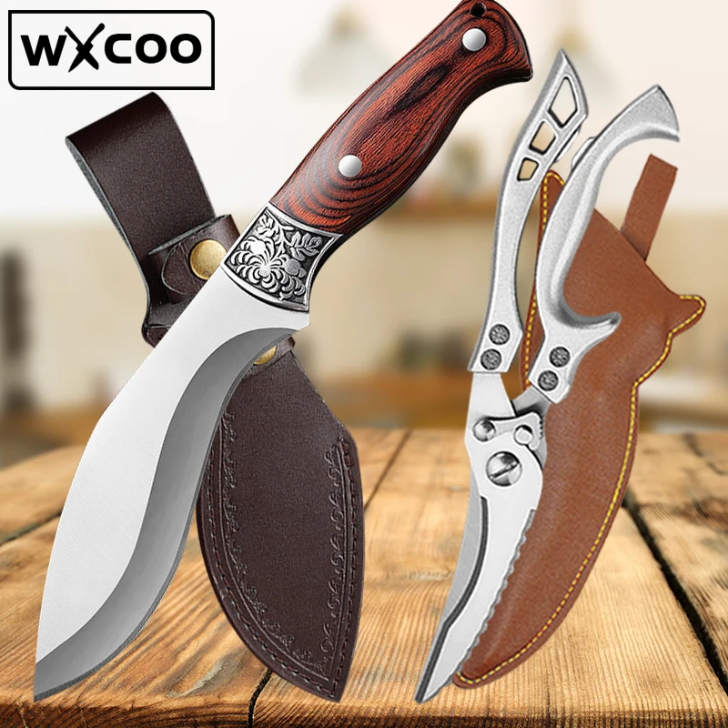 WXCOO Kitchen Scissors Boning Knife Stainless Steel Chef Meat BBQ Knife Professional Butcher Cleaver Fish Knife with Cover