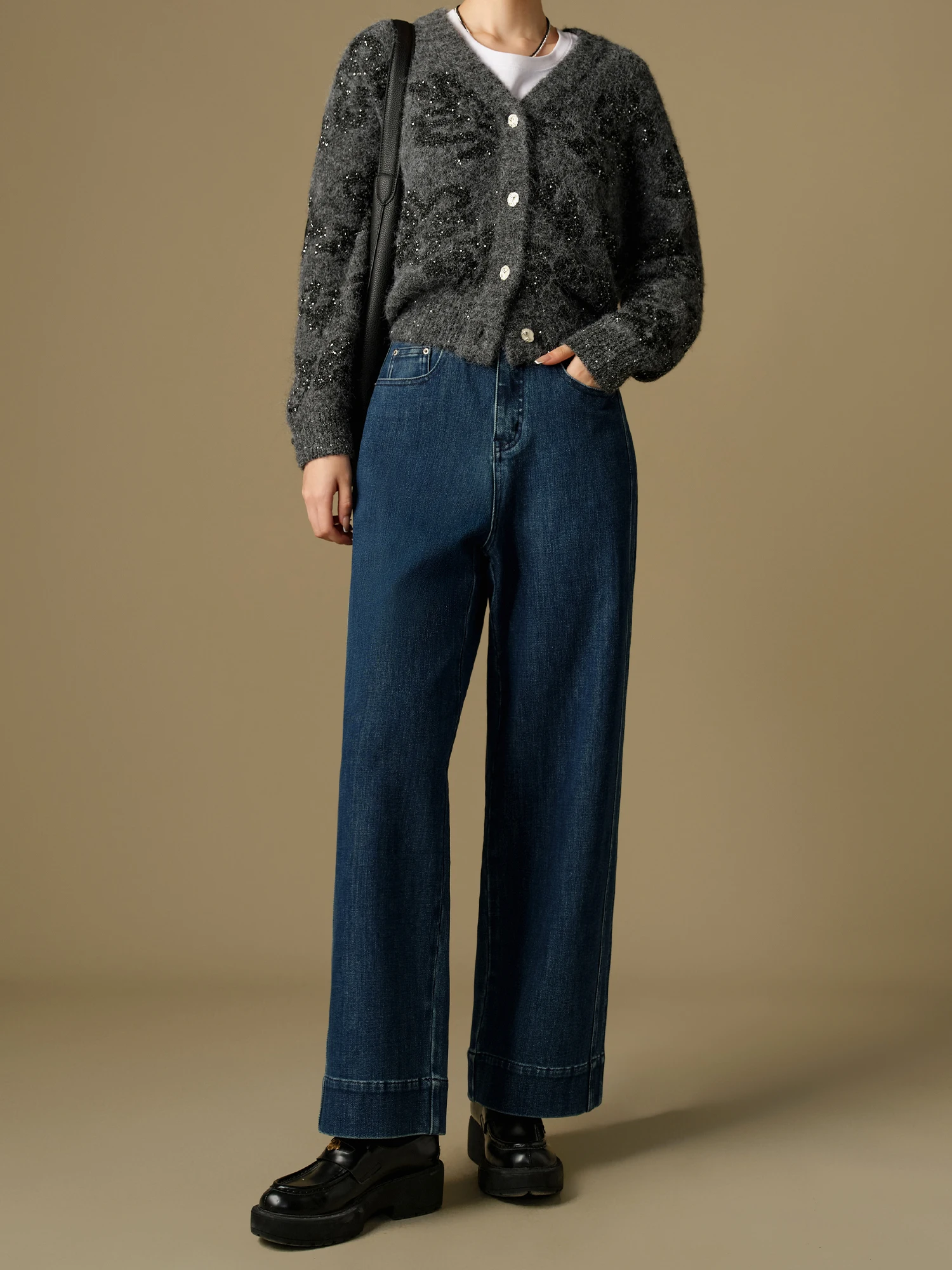 DUSHU【2 Length】Women Winter Thicken Jeans Cotton Elastic Full Length Female Retro Dark Denim Blue Pants 24DS84166+24DS84171