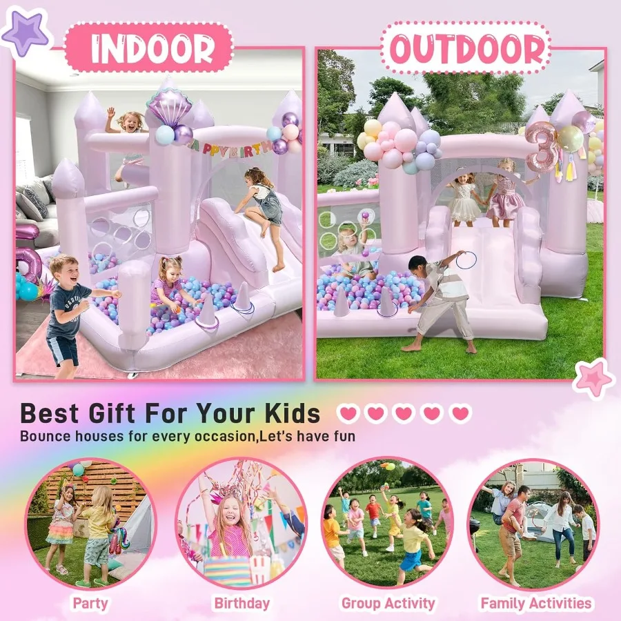 Inflatable Bounce HousePink Indoor Bounce House for 8in1 Jumping Bouncer House with with Ball Pit and Slide for Outdoor Indoor