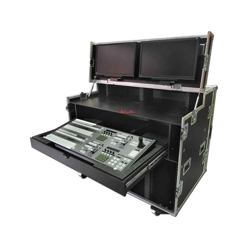 Twin 10u Production Workstation Flight Road Case With Pull Out Drawer And TFT Mounting Facilities