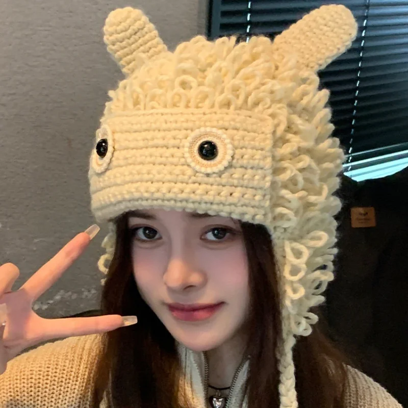 Gorro de Lana Tejido con Diseño Divertido y Original, Pequeño, Versátil, Cálido para Otoño e Invierno, Accesorio de Ropa