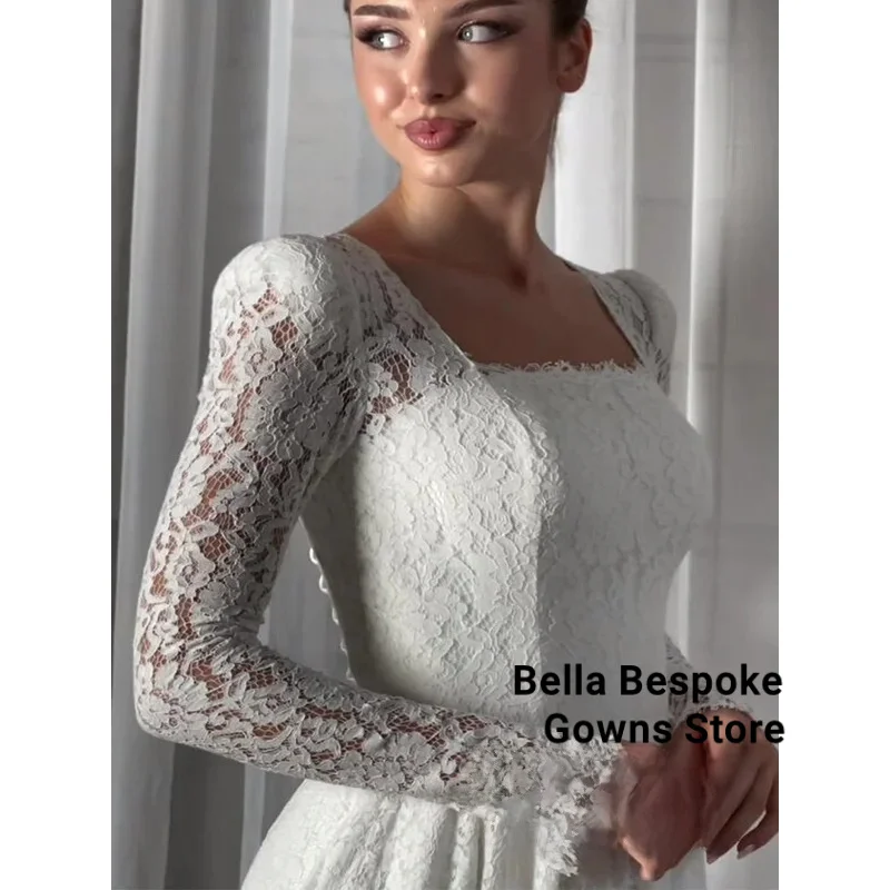 Gorące arabskie suknie ślubne dla kobiet, szyte na miarę, z długim rękawem, kwadratowym dekoltem, trenem kaplicznym, koronkowe suknie ślubne dla muzułmanek, suknia ślubna.