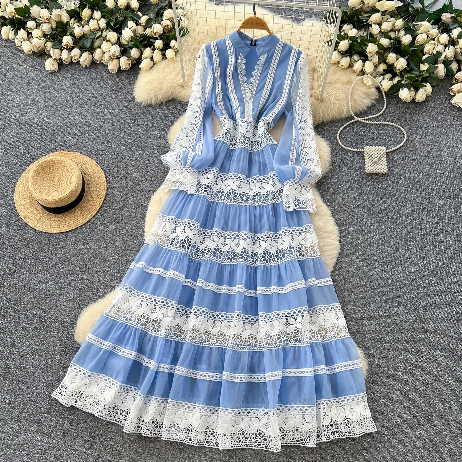 Herfst Franse stijl vintage high-end elegante avondjurk dames kant patchwork uitsparing borduurwerk retro v-hals lange jurk 2025