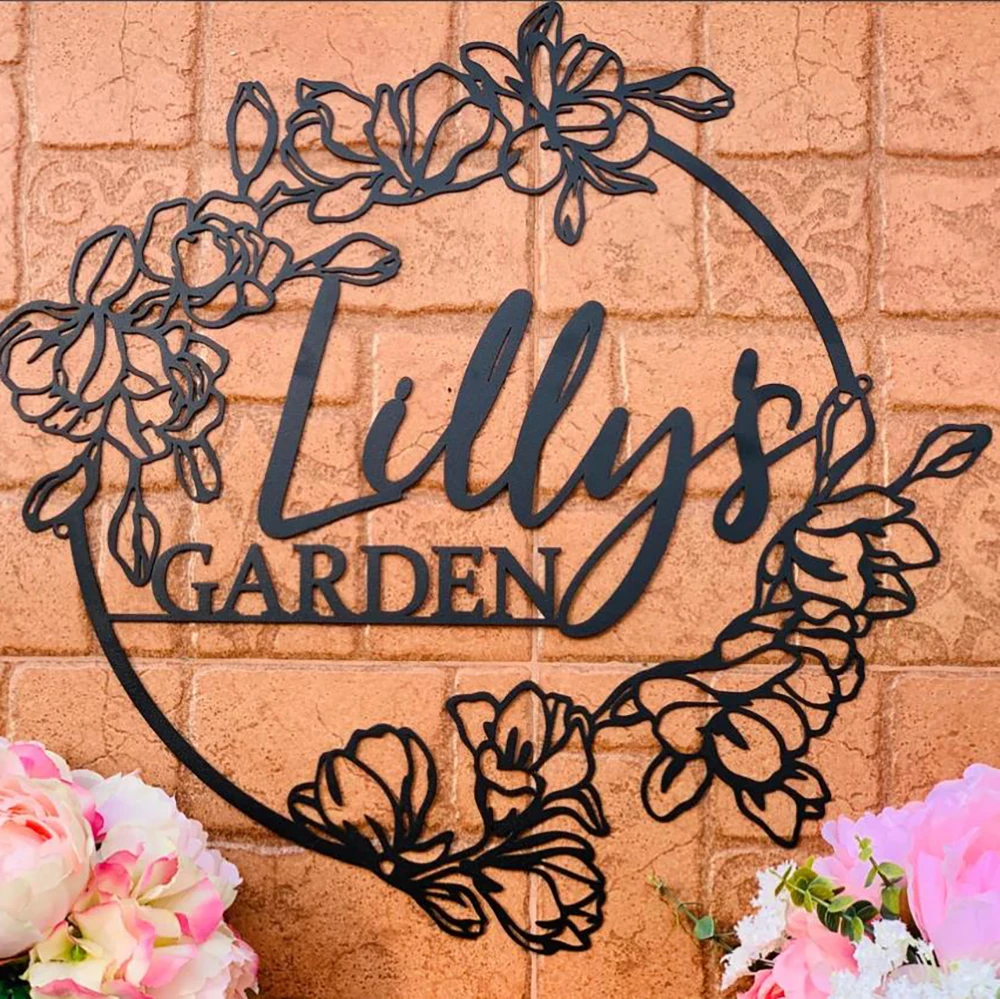 Personalized Garden Name Sign Custom Metal Wall Art Gift for Gardeners Decoration Hanging Outdoor Decorative Floral Sign Board