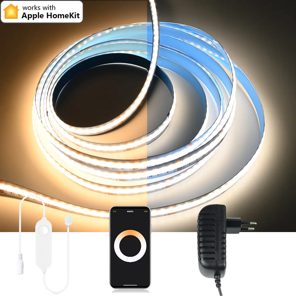 

Homekit WiFi CCT COB Светодиодная лента DC24V Высокая плотность Гибкая затемняемая гардеробная стойка Окружающий свет Декор комнаты Siri Голосовое управление