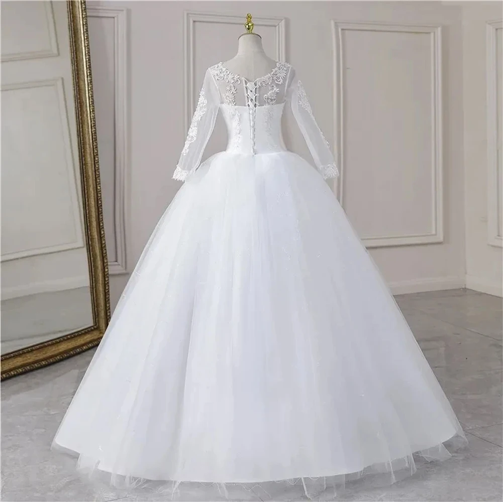 Luxury  White Wedding Dress  Long Sleeve Bridal Dress Tulle Lace Applique Ball Gown  for Wedding