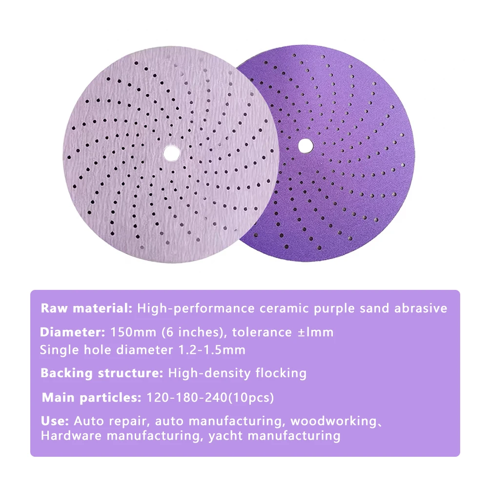 150mm 6 Inch Sanding Discs Hook Loop Wet Dry Sandpaper 120‑240Grit Cyclone Porous Ceramic Purple Film Sanding Sheets With 70‑Hol