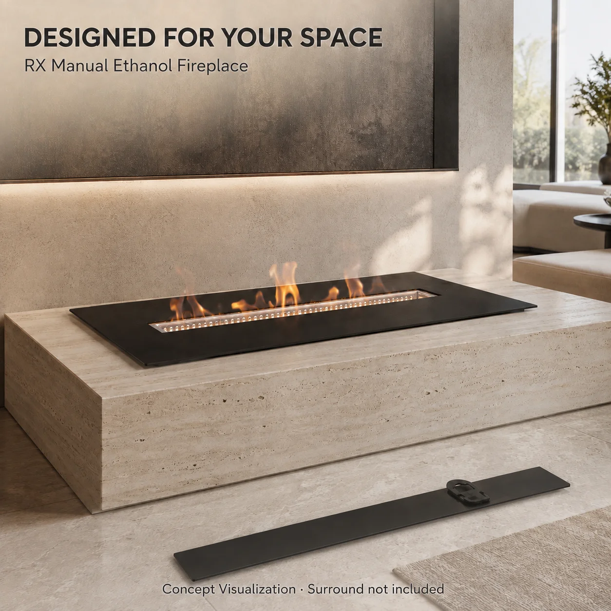 SXFireplace Black Linear Manual Bioethanol Burner Insert with Stainless Steel Burning Chamber and Extinguishing Lid