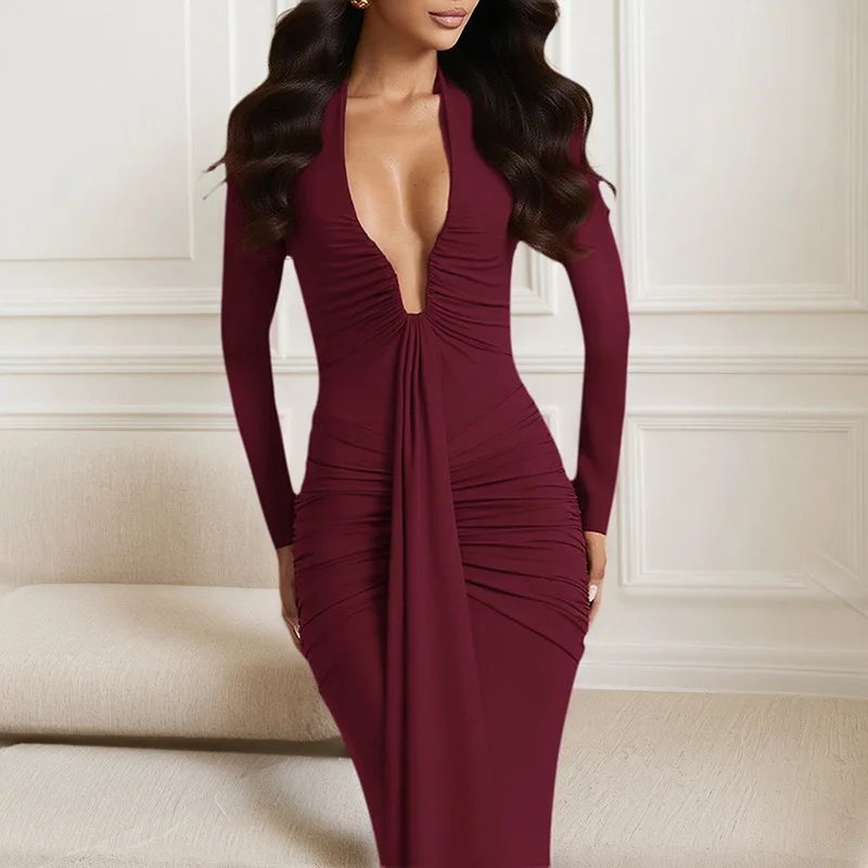 Blifanbo Abito lungo sexy con scollo a V a maniche lunghe Donna Nastro aderente Autunno Inverno Vita alta increspato Club Party Abito lungo elegante
