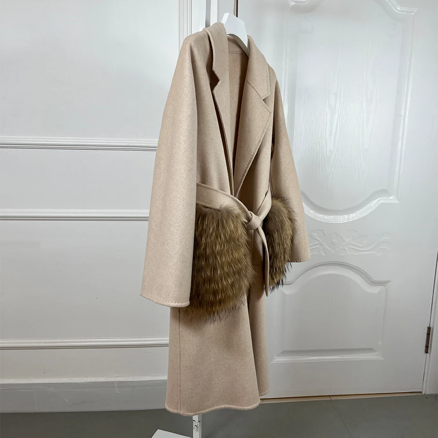 2024 Women Cashmere Cardigan With Fur Long Wool Coat Natural Raccoon Fur Coat Luxury High Quality