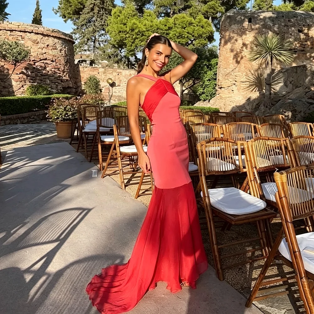 Red Elegant Halter Prom Gown Sleeveless Party Dress for Woman Floor Length Patchwork Evening Dress Customized Vestidos De Noche