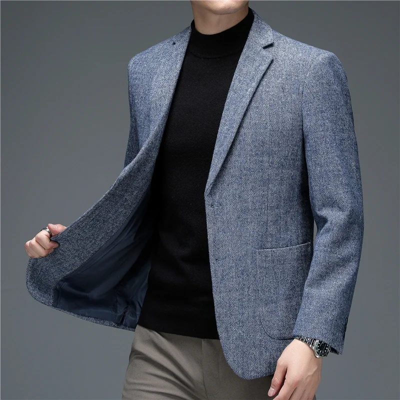 2024 Autumn and Winter New Top Quality Sheep Wool Fashion Business  Blazers JacketsClassic Menswear Casual Gray Blue Blazer