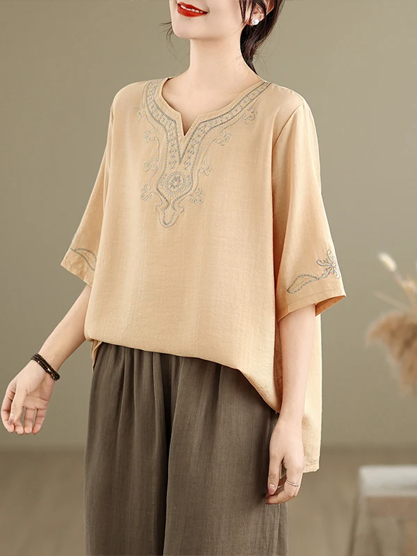 プラスサイズの女性の綿麻刺繍半袖 Tシャツラウンドネックルーズ痩身トップ夏新着通勤スタイル