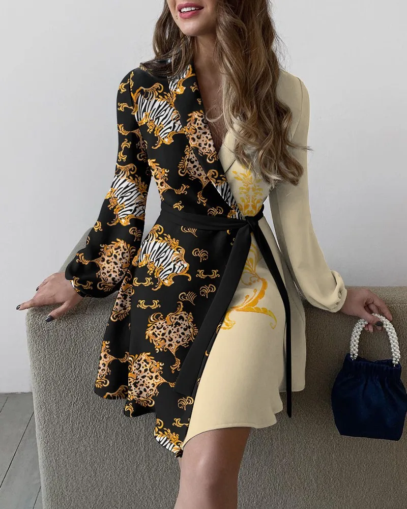 

Autumn Winter Printed Mini Dress Women Fashion New V-neck Long Sleeve Dresses 2024 Office Elegant A-line Personality Robe Femme