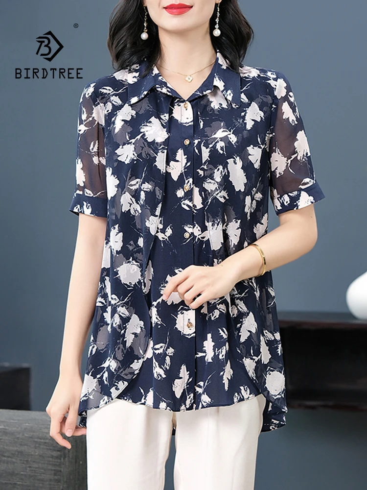 

BirdTree, 90%Real Silk Elegant Shirts, Women Short Sleeve Printed, Mom Loose Fashion Versatile Blouse, 2024 Summer New T444151QC