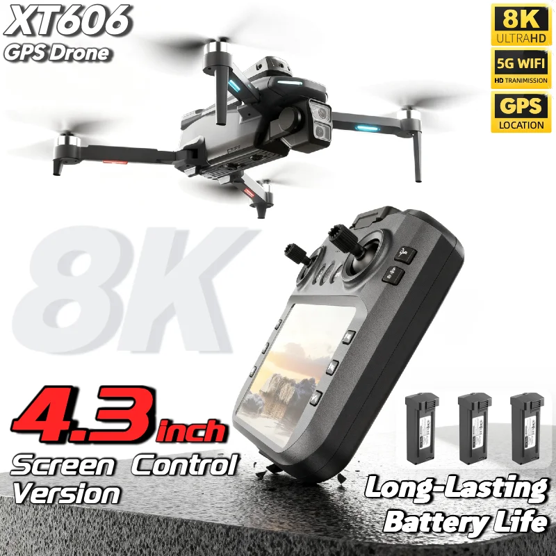 

Дрон XT606 MAX GPS с камерой 8K HD, профессиональный, с FPV и экраном, 360 градусов ° Квадрокоптер-игрушка с функцией обхода препятствий