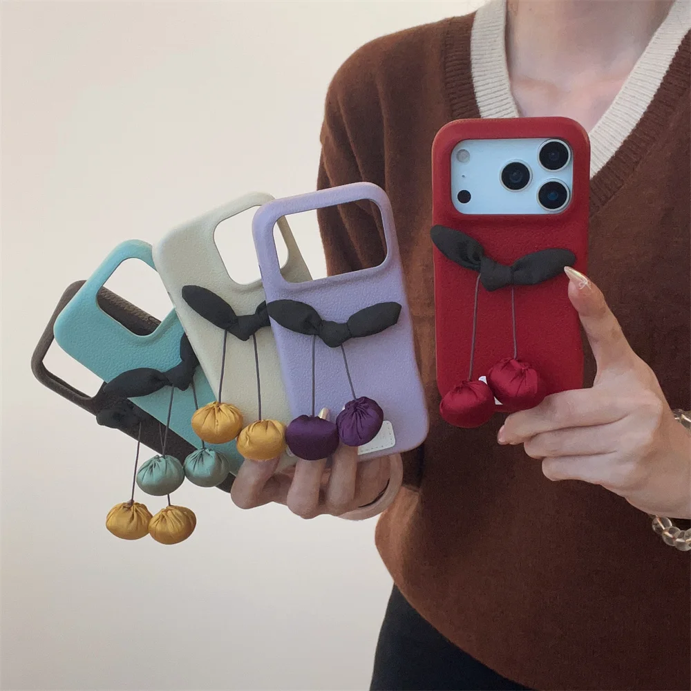

Fashion leather with velvet cherry charm phone case for iPhone 17 Pro Max 13 14 15 16 Fundas cute shock-proof Back Cover Cases