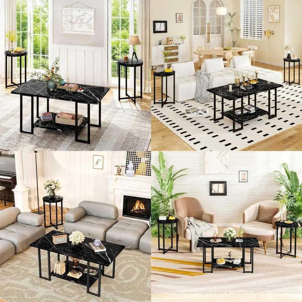 

Stylish 3-Piece Marble-Look Living Room Set with Metal Frame Coffee Table and Side Tables