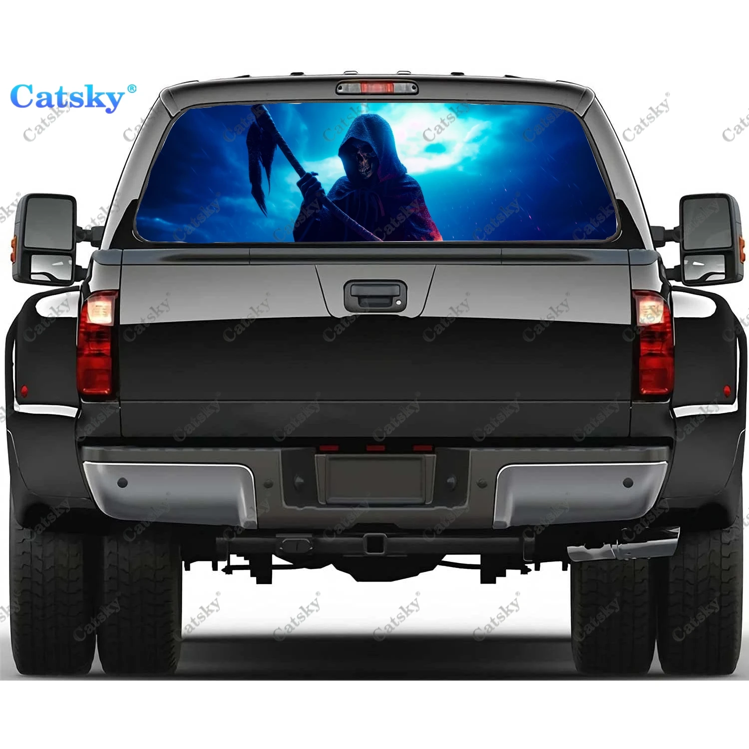 

Grim Reaper And Skeleton Rear Window Decal Fit Pickup,Truck,Car Universal See Through Perforated Back Windows Vinyl Sticker