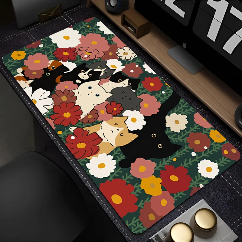 

Cute Flowers Black Cat Large Mouse Pad Computer Anime Mausepad Green Plant Mousepad Kawaii Extended Pad Pc Keyboard Rug Desk Mat