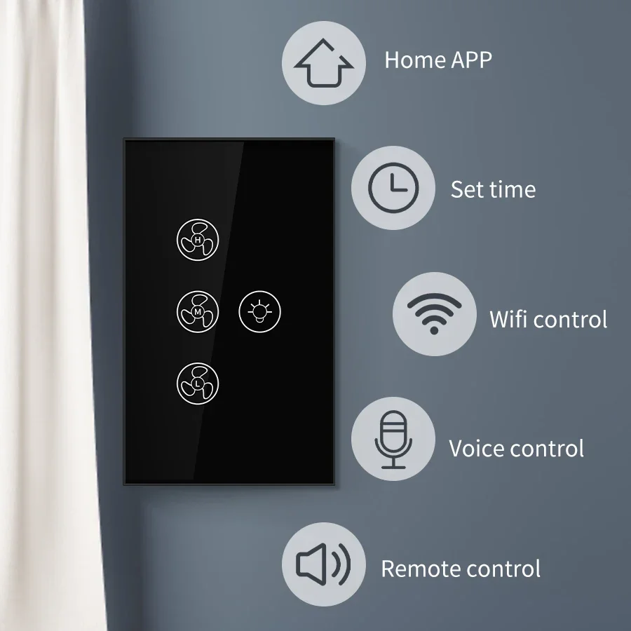Wifi Smart Switch for Ceiling Fan LED Light Tuya Smart Life Alexa Google Voice Control Touch US Standard Wall Pannel 110-240V