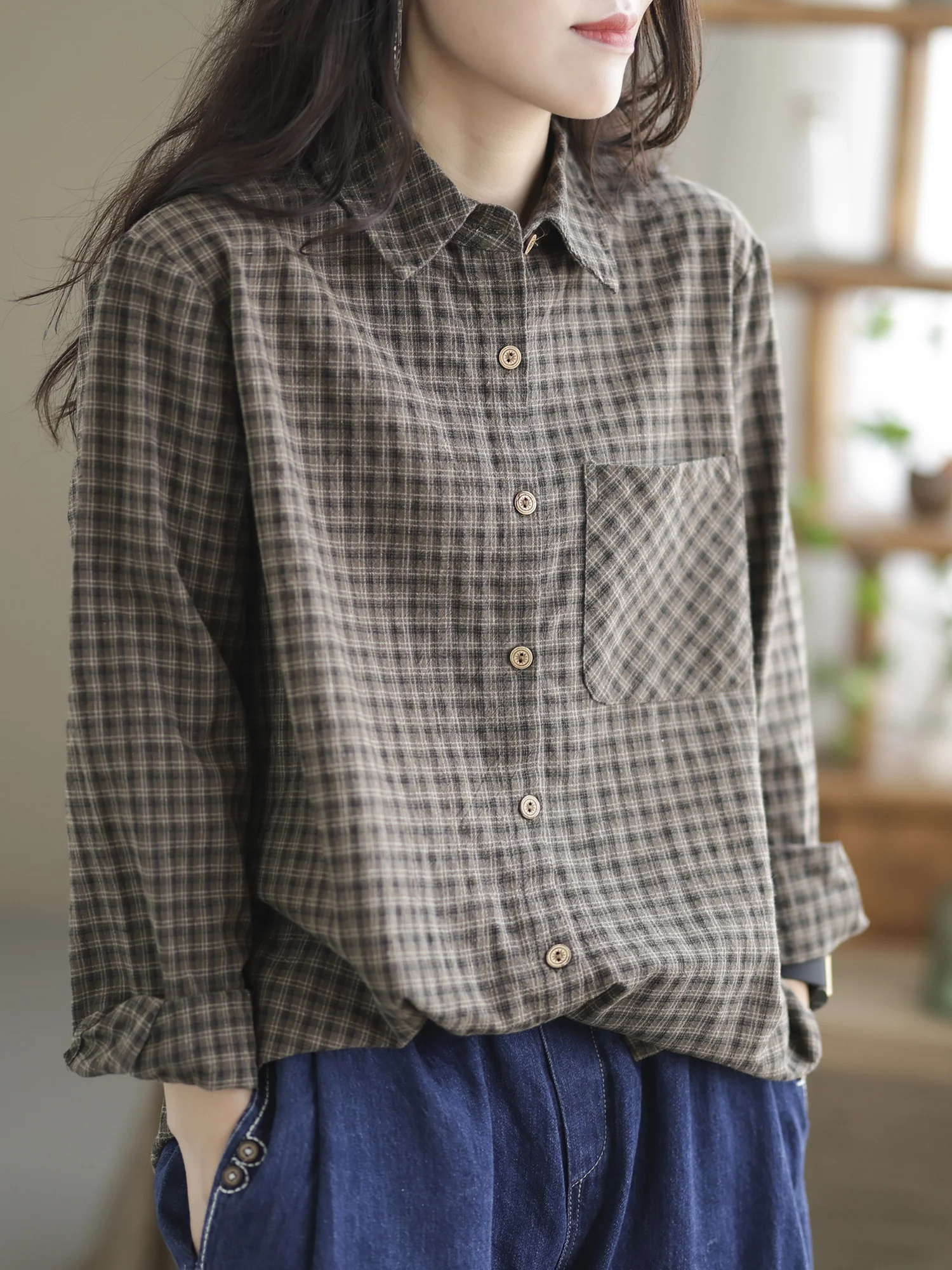 

Женская клетчатая одежда из чистого хлопка Long Sve irt, весна-осень 2023, новинка Sle, свободная верхняя одежда в стиле ретро, дышащий верх из кожи...